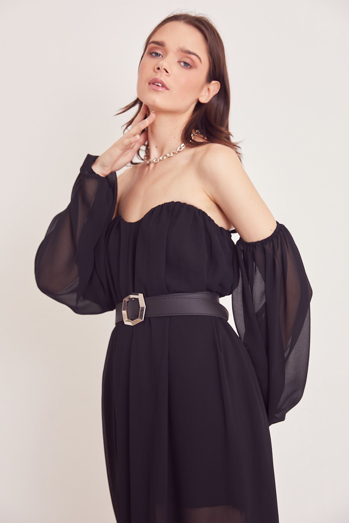 Kemerli Şifon Elbise-Siyah