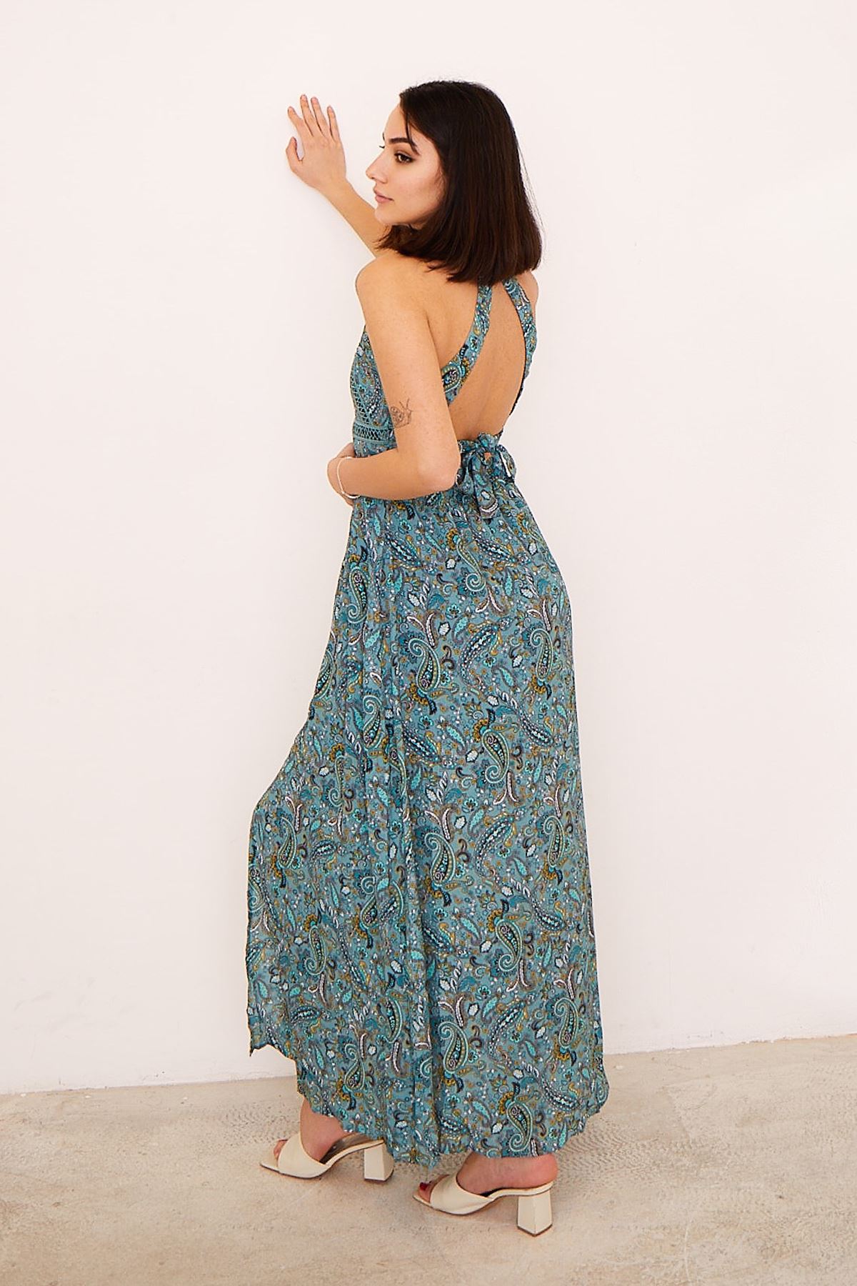 Şal Desen Yırtmaçlı Elbise-Mint