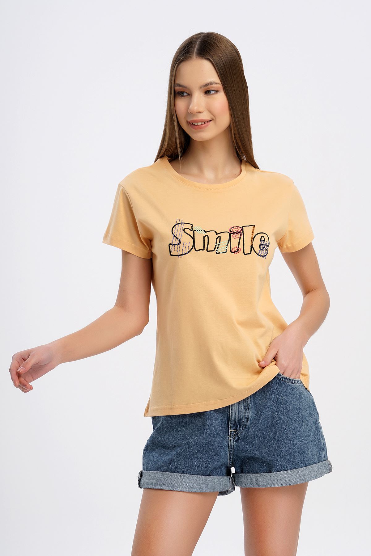 Smile Nakışlı T-shirt-Bej