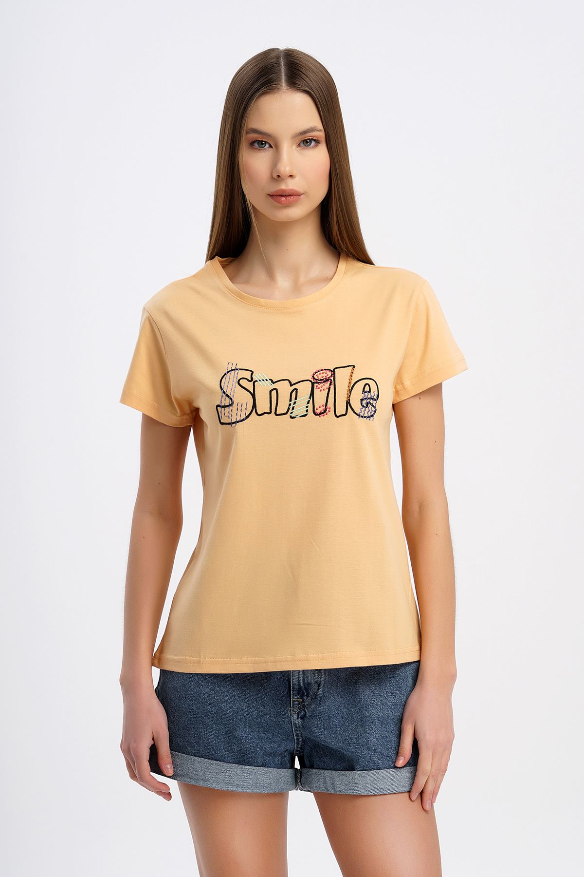 Smile Nakışlı T-shirt-Bej