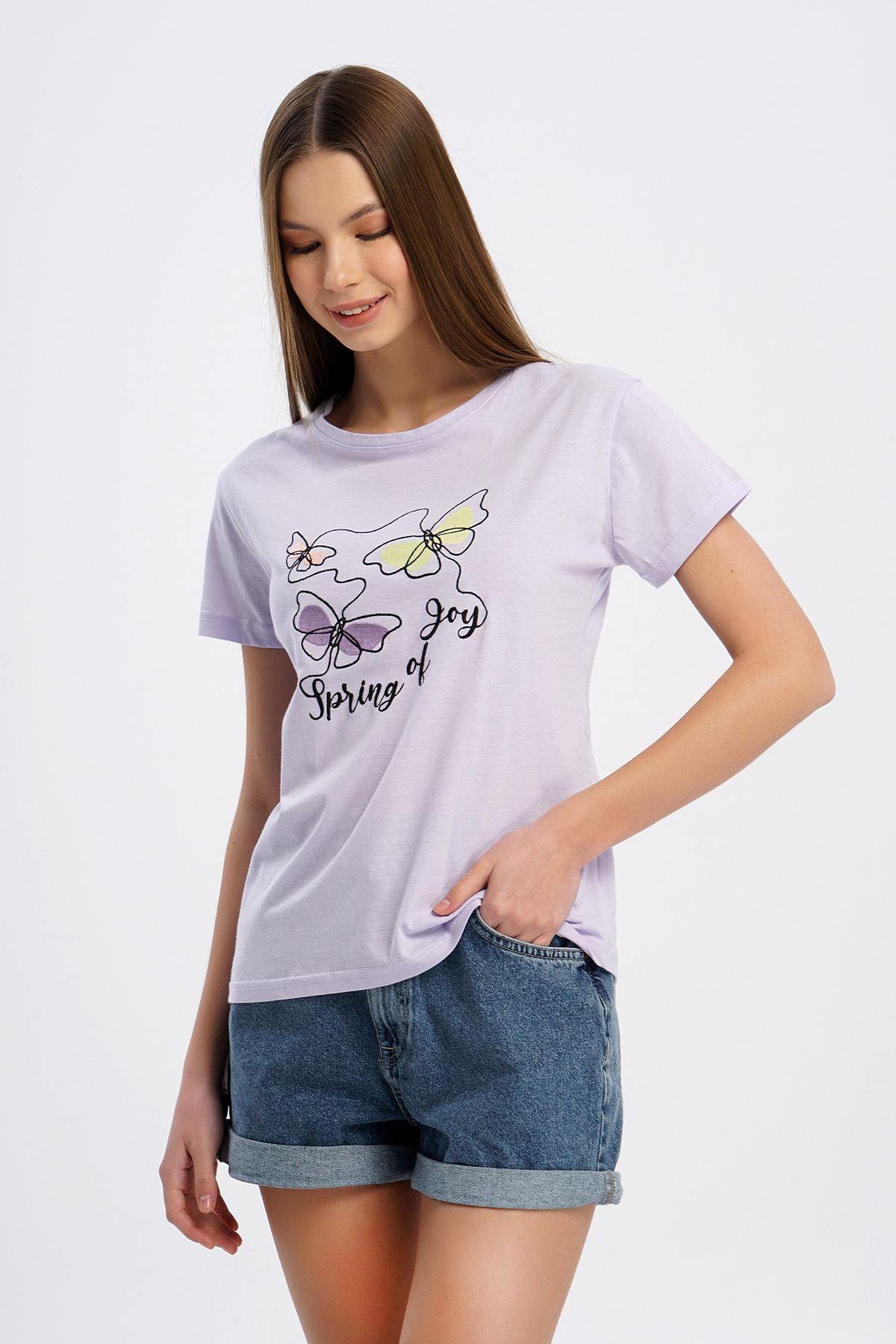Nakışlı T-shirt-Lila
