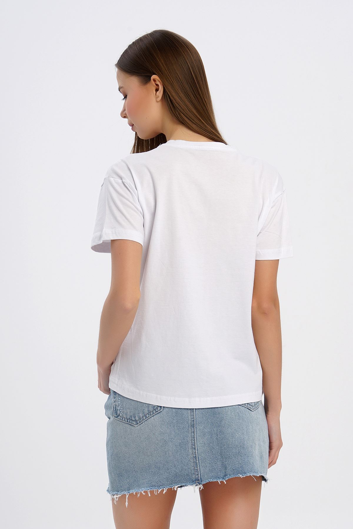 Boncuk Detay T-shirt-Beyaz