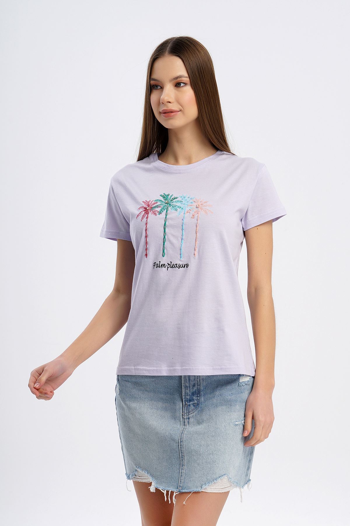 Boncuk Detay T-shirt-Lila